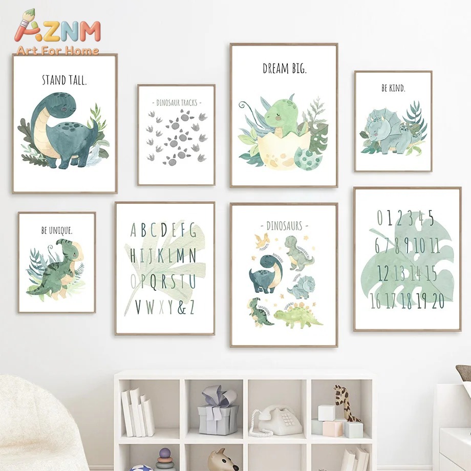 Inspirational Kids Education Quotes - AZNM Waterverf Dinosaurus Alfabet Nummer Canvas